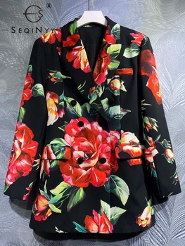 Черный Блейзер SEQINYY, Весна-Осень, Новый модный дизайн, Женская короткая куртка с винтажным принтом красных цветов Сицилии, Элегантная