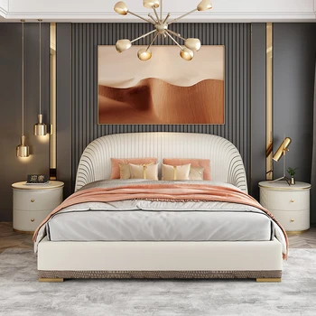 Простая кровать в итальянском стиле, кожаная Современная минималистичная кровать принцессы, Мебель для дома в скандинавском стиле с подсветкой пола, Матрас и тумбочки