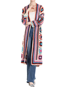 Женский вязаный крючком Длинный кардиган с цветочным рисунком, Повседневный вязаный свитер с длинным рукавом и открытой передней частью, Богемный джемпер, верхняя одежда, пальто