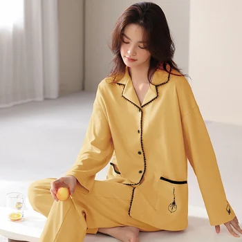2022 Осенний Пижамный комплект из 100% Хлопка с Длинным Рукавом для Женщин, Корейская Высококачественная Пижама, Домашняя Одежда, Пижама Mujer, Домашняя Одежда