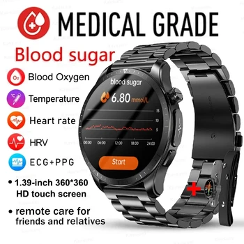 2023 Смарт-Часы с уровнем глюкозы в крови Для Мужчин, ЭКГ, PPG, Частота сердечных сокращений, Температура тела, Мониторинг здоровья, Водонепроницаемые Смарт-Часы с Полным Сенсорным Экраном