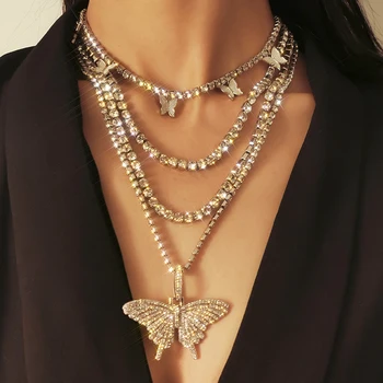 Многослойное Модное роскошное ожерелье с большой бабочкой из блестящего хрусталя, Женские ожерелья-цепочки со стразами, вечерние украшения для девочек