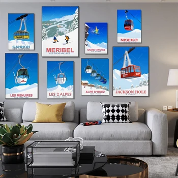 Плакат о лыжном путешествии, Мировой горнолыжный курорт, картина на холсте, Мультяшные настенные рисунки, канатная дорога, принт для современного скандинавского декора гостиной