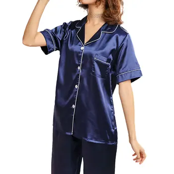 Сексуальная женская пижама с длинными рукавами из 2 предметов, Атласный короткий топ с V-образным вырезом и пуговицами, Брюки, Гладкая мягкая ночная одежда