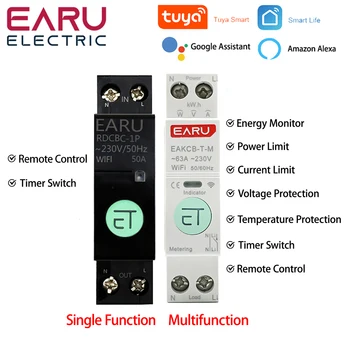 Умный автоматический выключатель TUYA WiFi MCB Защита от перегрузки по току и пониженного напряжения, Измерение мощности 1-63A Беспроводной пульт дистанционного управления