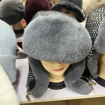 Женские шапки из натурального меха кролика Рекс, зимняя шапка, русская меховая шапка, Хит продаж, женская белая меховая шапка