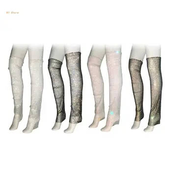 Женские Блестящие Стразы, Ажурная грелка для ног, Открытые Прозрачные Сетчатые носки выше колена, Клубная одежда