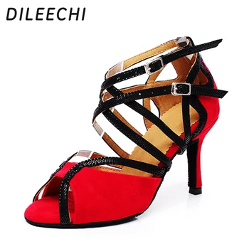 DILEECHI/ красные, синие бархатные женские туфли для латиноамериканских танцев; обувь для взрослых женщин на высоком каблуке 8,5 см с мягкой подошвой для бальных танцев