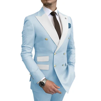 синий деловой костюм из 2 предметов, праздничный фрак с золотыми пуговицами, двубортный мужской свадебный костюм жениха (пиджак + брюки)