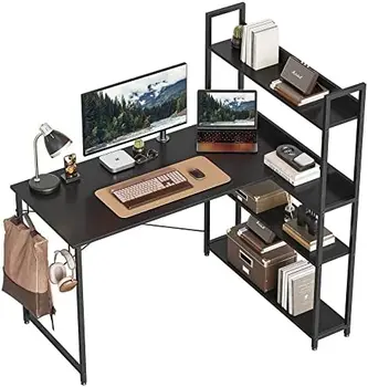Угловой письменный стол с Полками для хранения, 47-Дюймовый Маленький Компьютерный стол L-образной Формы, Письменный Стол для домашнего офиса с 2 крючками, Черный