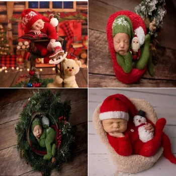 Dvotinst Реквизит для фотосъемки новорожденных, Рождественский Зеленый Красный Комбинезон в виде шляпы Санта Клауса, комплект одежды из 2 предметов, реквизит для студийной съемки