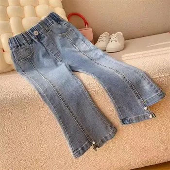 Детские штаны для девочек, весенне-осенние джинсы для девочек, Новые детские облегающие расклешенные брюки, корейское издание, Детские брюки