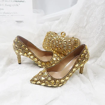 Свадебные туфли с острым носком и кристаллами цвета Шампанского и сумками в тон; Женские туфли на высоком каблуке; вечерние модельные туфли и сумки; Сумочка для вечеринки