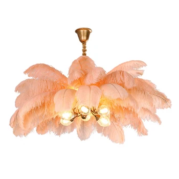 Скандинавская медная люстра, светильник для гостиной, подвесные светильники для спальни из страусиных перьев
