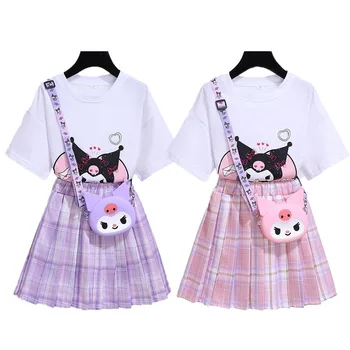 Комплект одежды для девочек Sanrio Kuromi, Летняя плиссированная юбка для начальной школы с героями мультфильмов, Детский комплект из двух предметов в стиле колледжа с короткими рукавами