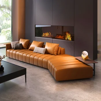 Изготовленный на заказ скандинавский современный легкий роскошный итальянский простой диван кожаный Итальянский изогнутый диван диван для гостиной с изголовьем из воловьей кожи диван