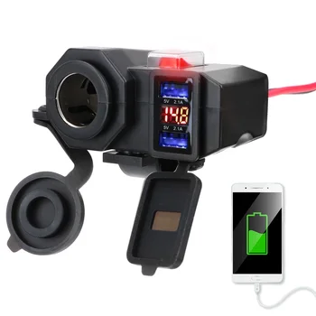 Зарядное устройство на руль мотоцикла 5 В/2.1A Адаптер питания Цифровой дисплей Двойной USB-порт Гнездо прикуривателя для телефона
