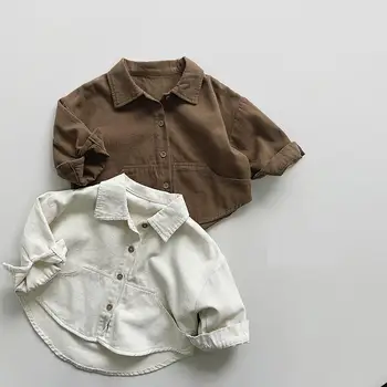 2023, Осенние Новые детские рубашки с отворотами Для маленьких мальчиков, Свободные хлопковые рубашки с длинным рукавом для маленьких девочек, Повседневные универсальные топы, Куртка, Детская одежда