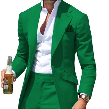 Мужской комплект из двух предметов с острым вырезом, зеленый облегающий деловой свадебный костюм жениха (куртка + брюки)