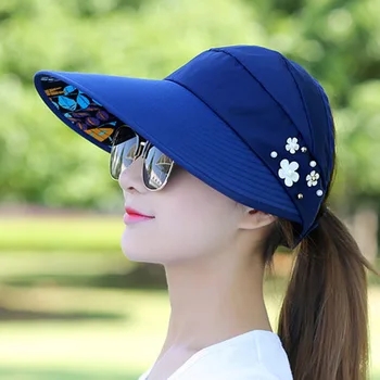 Летние шляпы для женщин Складная Солнцезащитная шляпа с жемчужным цветочным козырьком, Солнцезащитная кепка с гибкими полями, Женская Уличная повседневная бейсболка, шляпа для женщин