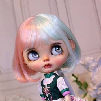 Кукольный парик BJD для кукольных аксессуаров Blythe Size, игрушка для парика, Высокотемпературная проволока, пудра Сакуры, Мятно-зеленый Биколор, Короткие волосы