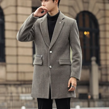 Высококачественные зимние шерстяные куртки, мужской Длинный полосатый тренч, повседневное деловое пальто, социальная уличная одежда, ветровка