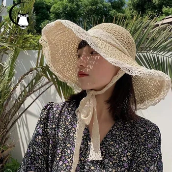 Элегантная женская летняя кружевная пляжная шляпа, корейская ветрозащитная дорожная шляпа с широкими полями, соломенная шляпа, модная шляпа, устойчивая к ультрафиолетовому излучению
