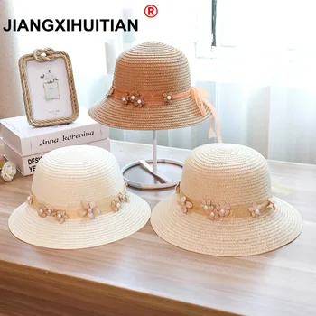 Новая соломенная шляпа с жемчугом от солнца, канотье, шляпа с бантом для девочек, летние шляпы Для женщин, Пляжная панама, соломенная шляпа, вводная часть, 48-52-54-58 см