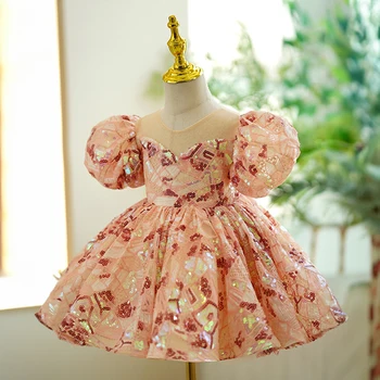 Детские Праздничные платья на Ид для маленьких девочек, Детские Оранжево-Розовые Роскошные Вечерние платья с вышивкой, Торжественное платье для Свадебного представления