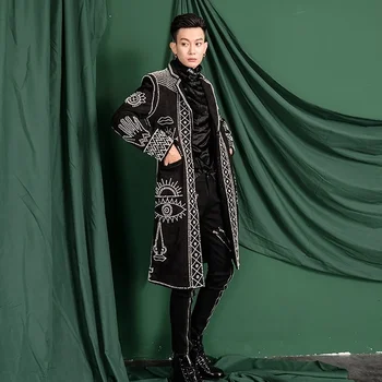Настоящие мужчины Азиатского размера, черная вышивка в стиле барокко бисером, Мероприятие/красная дорожка/звезды/роскошное длинное пальто/сценическое представление/студия/танцы/клуб