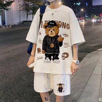 Корейская модная спортивная одежда в стиле хип-хоп, повседневный короткий костюм в стиле Рок, футболки с Забавным медведем, шорты, Комплект из 2 предметов, Летний спортивный костюм, одежда Для мужчин