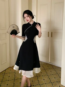 2023 китайское улучшенное платье hanfu cheongsam, женское платье трапециевидной формы qipao, новый модный стиль, короткий рукав, повседневное женское платье-чонсам на каждый день