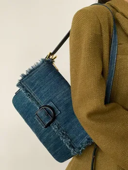 Нишевый дизайн, новая универсальная джинсовая сумка в стиле ретро, модная высококачественная сумка с кисточками, сумка для пригородных поездок подмышкой на одно плечо