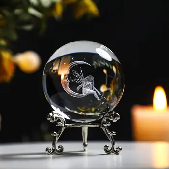 H & D 60 мм (2,3 дюйма) Луна и Фея Хрустальный Шар Пресс-папье 3D С лазерной гравировкой Кварцевый Стеклянный Шар Сфера Настольный Декор Ремесла