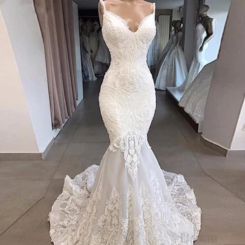 Элегантное Белое платье Невесты на тонких бретельках с вышивкой от Haute Couture, Свадебное платье с шлейфом в виде Русалки длиной до пола