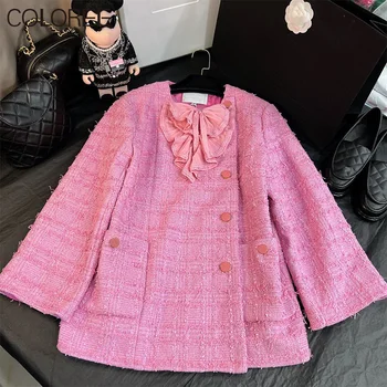 Элегантная зимняя куртка с круглым вырезом и бантом, Женская 2023, пальто из сладкой розовой шерсти и смесей, Модная корейская уличная одежда Y2k