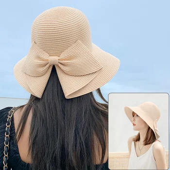 Женская пляжная хлопковая летняя шляпа с солнцезащитным бантом, головной убор для путешествий