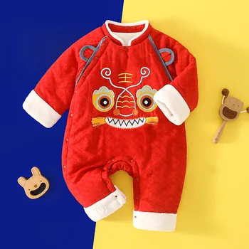 Комбинезон с хлопковой подкладкой, Осенне-зимняя Новогодняя одежда, Детская Красная Одежда с вышивкой Тигра, Китайский костюм
