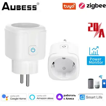 Tuya ZigBee Smart Plug 20A EU Plug Умный дом со статистикой электричества, Пульт дистанционного управления Smart Life Alexa Google Home Alice