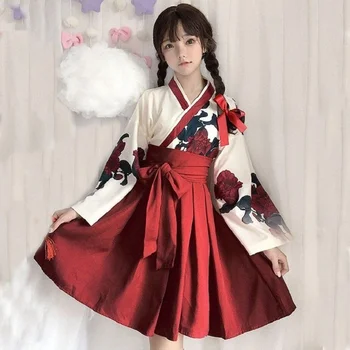 Японская Китайская Винтажная одежда Kawaii, Женское платье-кимоно Hanfu, Вечернее платье с цветочным Рисунком и длинным рукавом, Модные Наряды, Топ, Юбка с бантом