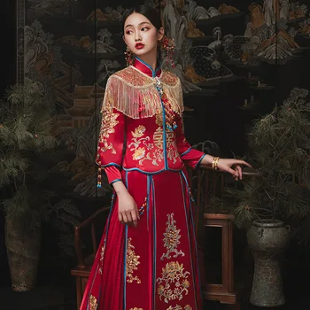 Ретро Изысканная Цветочная Вышивка Чонсам Китайский Свадебный Костюм Для Пары Элегантное Свадебное Платье Невесты китайская одежда