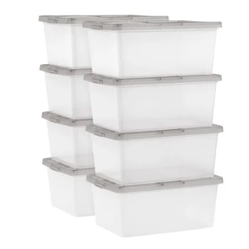 Прозрачный пластиковый ящик для хранения с защелкивающимся верхом на 17 литров, серый, Набор из 8 предметов, прочный и долговечный, 16,44x11,75x7,00 дюймов