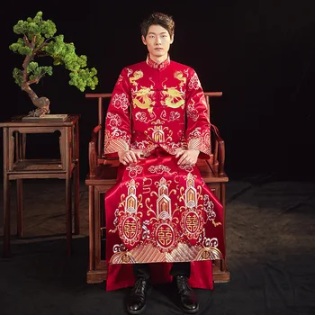 2022 Мужская Винтажная вышивка Дракона Ципао В китайском Стиле Традиционный свадебный Чонсам