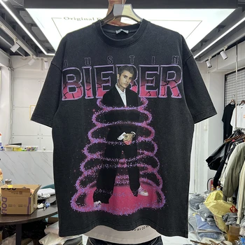 Вращающаяся фиолетовая пудра, конусообразная футболка с портретом Джастина Бибера, Мужская женская винтажная футболка, высококачественные повседневные футболки с коротким рукавом, топ