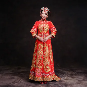 Китайское традиционное платье Красный Чонсам с длинным рукавом Вышивка Ципао Восточные платья Приглашения на свадьбу Халат Костюм дракона