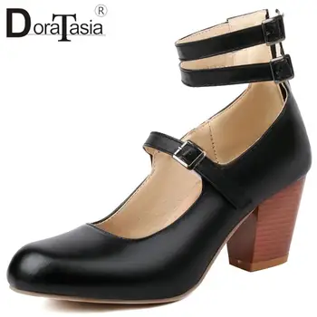DORATASIA/ большие размеры 48, Новые женские туфли-лодочки на толстом высоком каблуке, модные женские туфли-лодочки на шнуровке с пряжкой, повседневная офисная обувь для вечеринок, женская