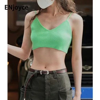 2023 Летняя Женская Корейская Модная Сексуальная Зеленая майка с V-образным вырезом, Женский Облегающий Жилет без рукавов, Повседневная пляжная одежда