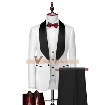 Элегантный жаккардовый свадебный костюм-смокинг: атласный воротник, мужской комплект из 3 предметов (пиджак + жилет + брюки)