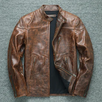 Кожаная куртка из натуральной воловьей кожи, осенняя мода, потертый масляный воск, мотоциклетный воротник-стойка, тонкое короткое пальто для мужчин