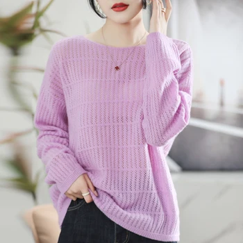 5-цветной новый весенне-летний свитер из 100% шерсти, женский тонкий пуловер с длинными рукавами, кашемировый вязаный повседневный женский свитер с длинными рукавами